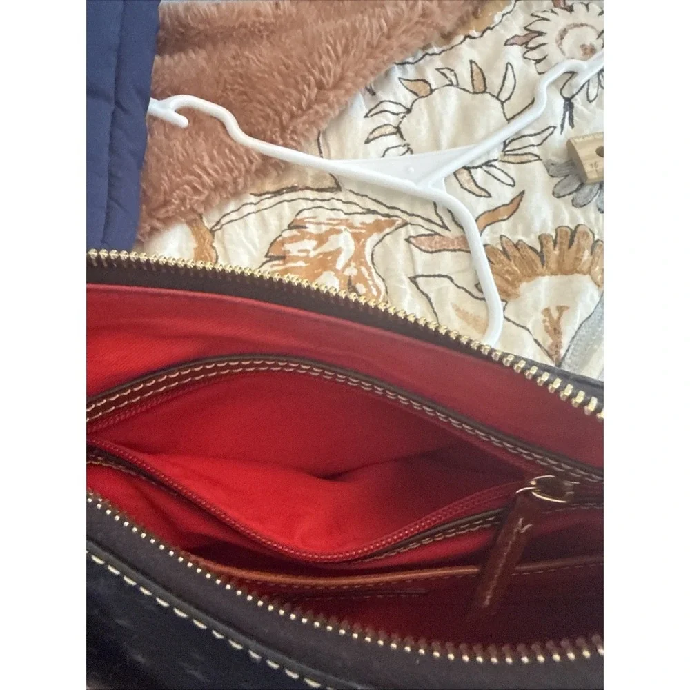 Dooney & Bourke Black Ostrich Embossed Leather Hobo Shoulder Bag Red Lining